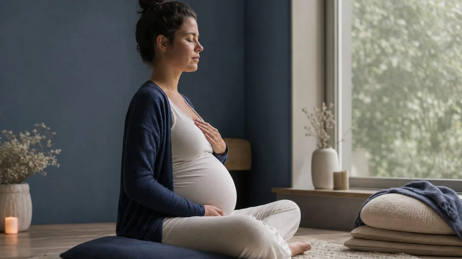 Femme enceinte en fin de grossesse pratiquant une respiration d'auto-hypnose, lumière douce