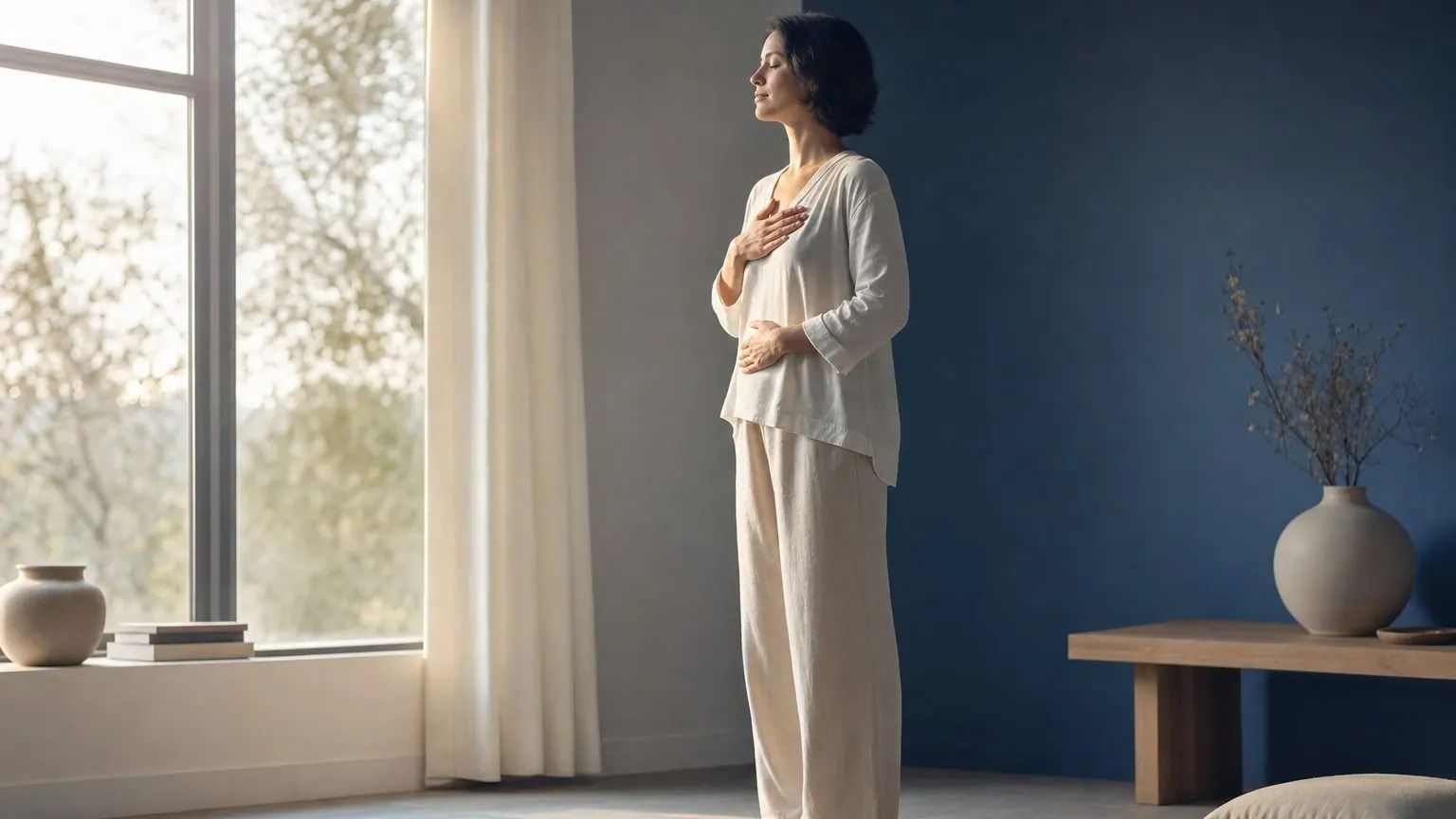 Personne debout dans une lumière douce du matin, posture calme, exercice d'auto-hypnose pour la confiance en soi