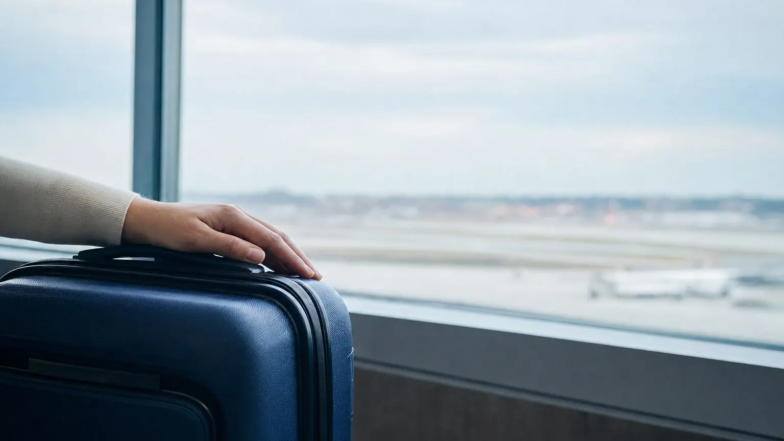 Main posée sur une valise dans la lumière calme d'un aéroport, illustration sur l'hypnose et l'anxiété d'anticipation