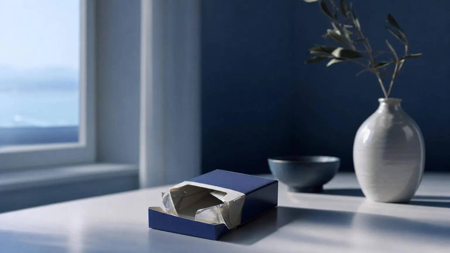 Paquet de cigarettes vide posé sur une table calme, nature morte sobre sur l'hypnose et les addictions