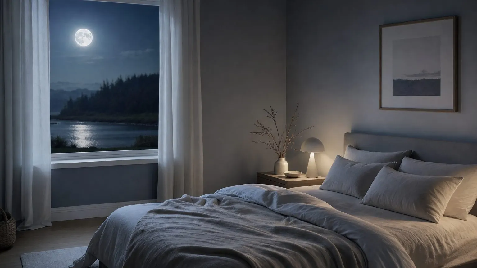 Chambre calme éclairée par la lune, ambiance propice à un sommeil profond et récupérateur