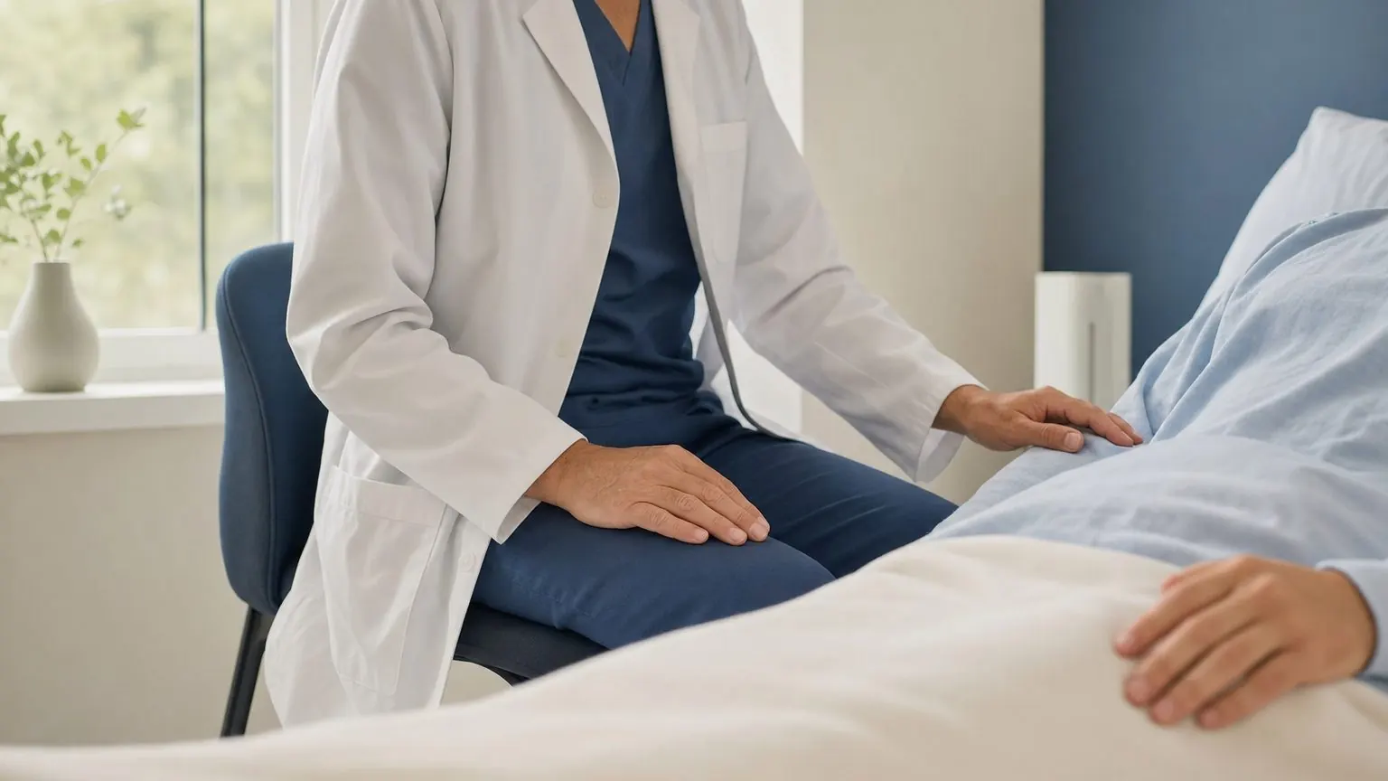 Médecin formé à l'hypnose accompagnant un patient avant un geste à l'hôpital, ambiance calme